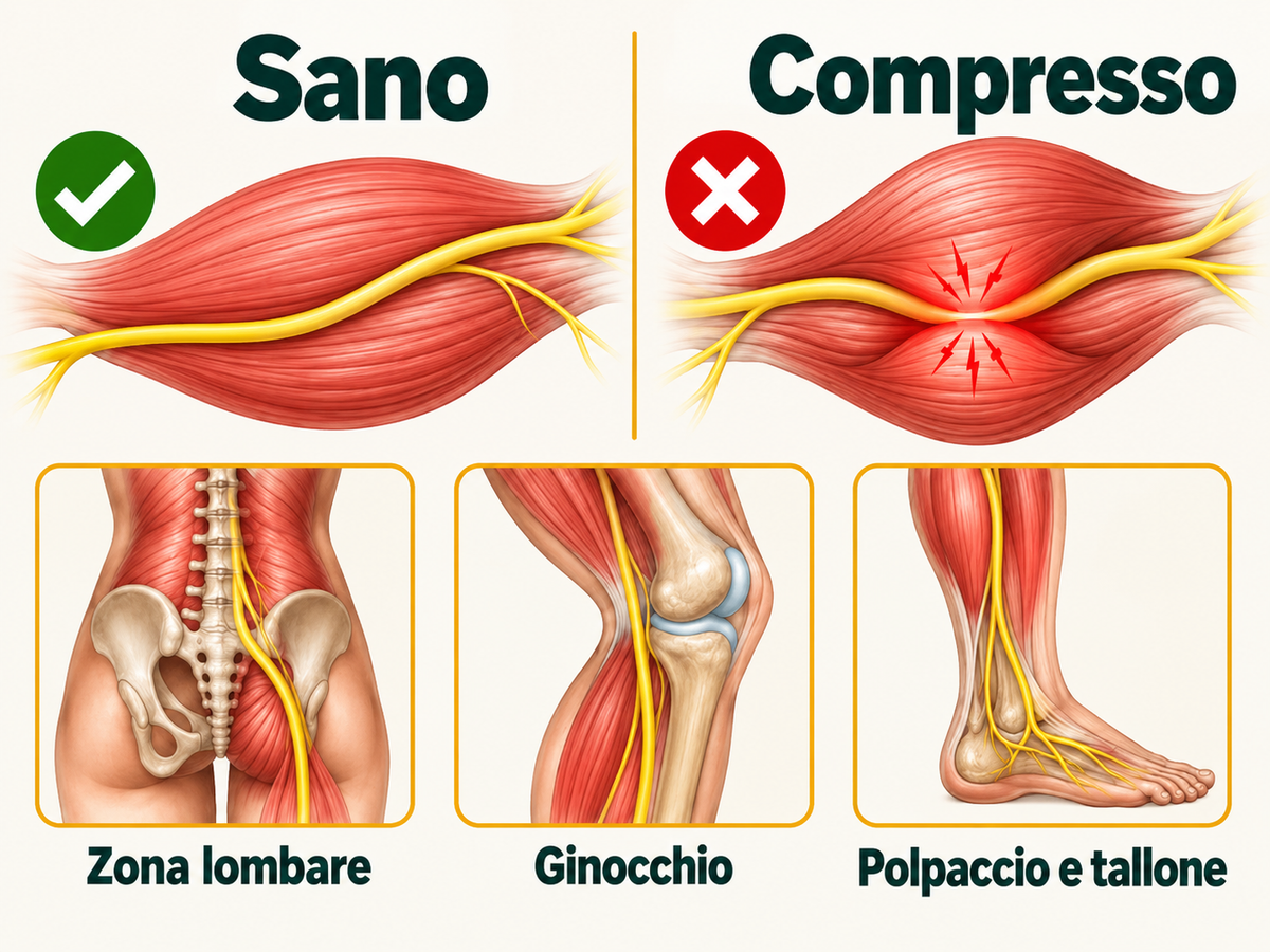 Nervo sciatico sano e compresso: zona lombare, ginocchio, polpaccio e tallone